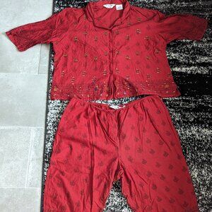 Victoria Jones Woman Embroidered Shirt Capri Pants Set Green Cotton Linen Blend